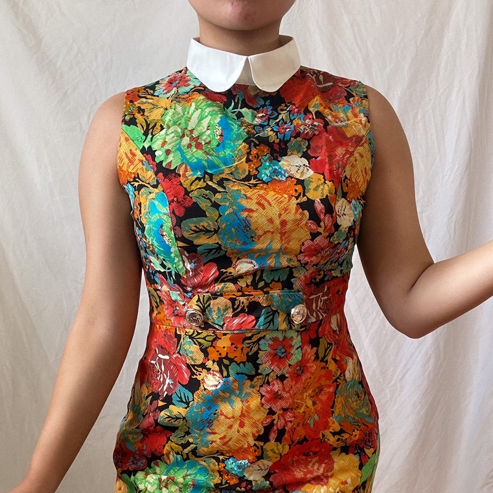 floral multicolored white collared mini dress